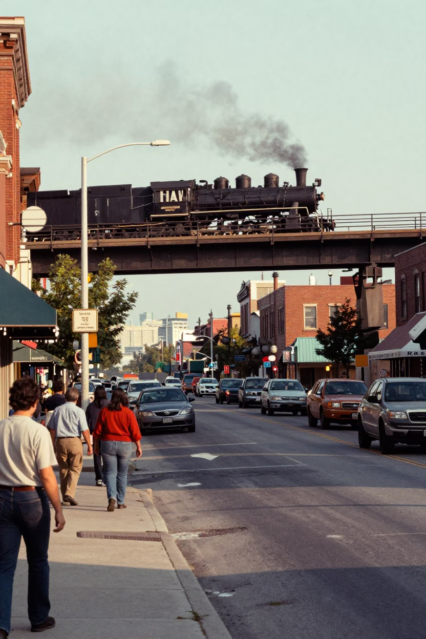 Vintage 1970s Toronto Street Scene with Steam Locomotive and Urban Transit in in Toronto, Ontario, Canada