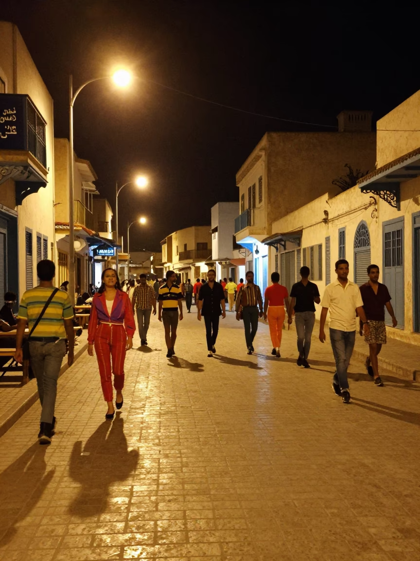 Vintage 1970s Tunis Night Street Scene with Colorful Fashion and Local Life in in Tunis, Tunisia