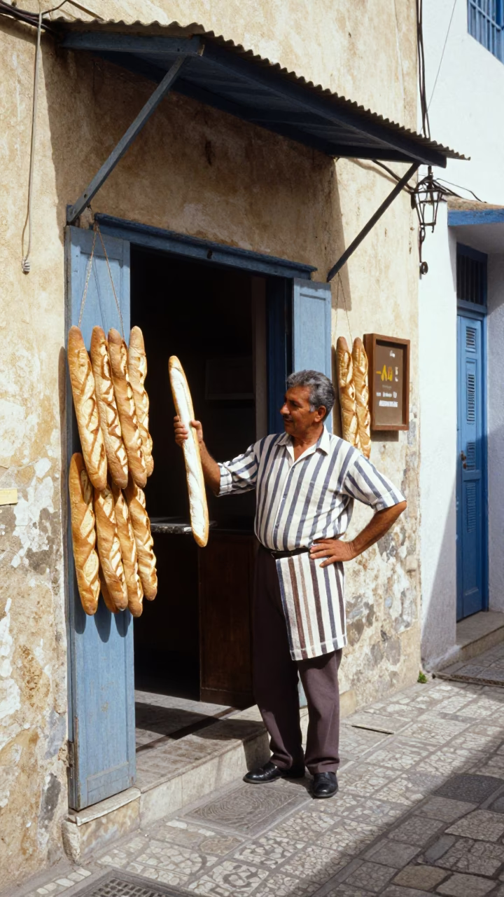 Vintage 1970s Tunis Street Scene with Baguettes and Striped Towel in in Tunis, Tunisia