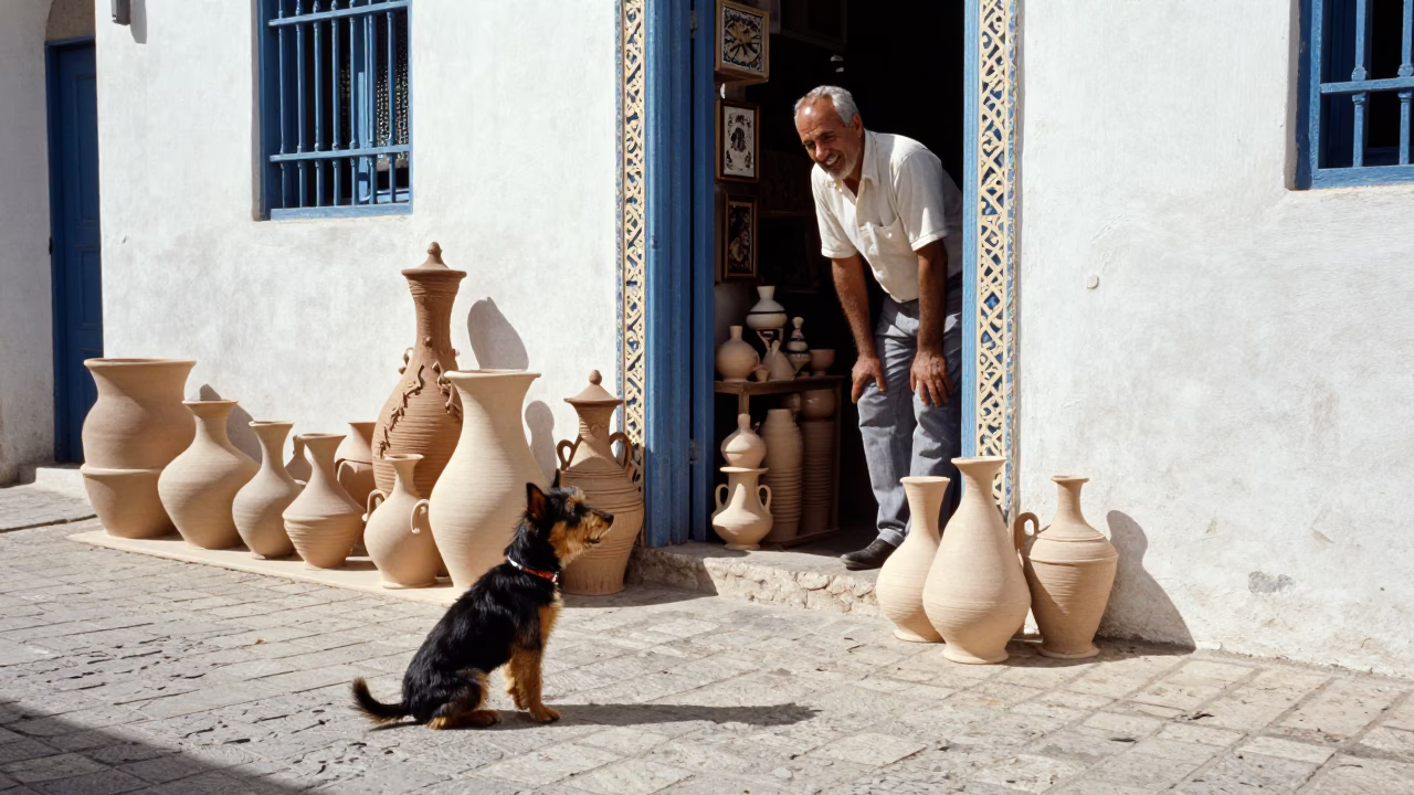 Vintage 1970s Tunis Street Scene with Biewer Terrier and Local Shopkeeper Midday in in Tunis, Tunisia