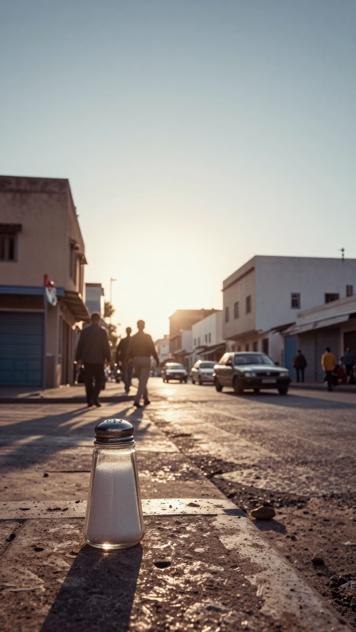 Vintage 1970s Tunis Street Scene with Salt Shaker and Morning Light in in Tunis, Tunisia