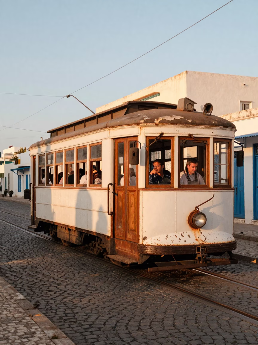 Vintage 1970s Tunis Sunset Heritage Tram on Cobblestone Avenue with Violet Sky in in Tunis, Tunisia