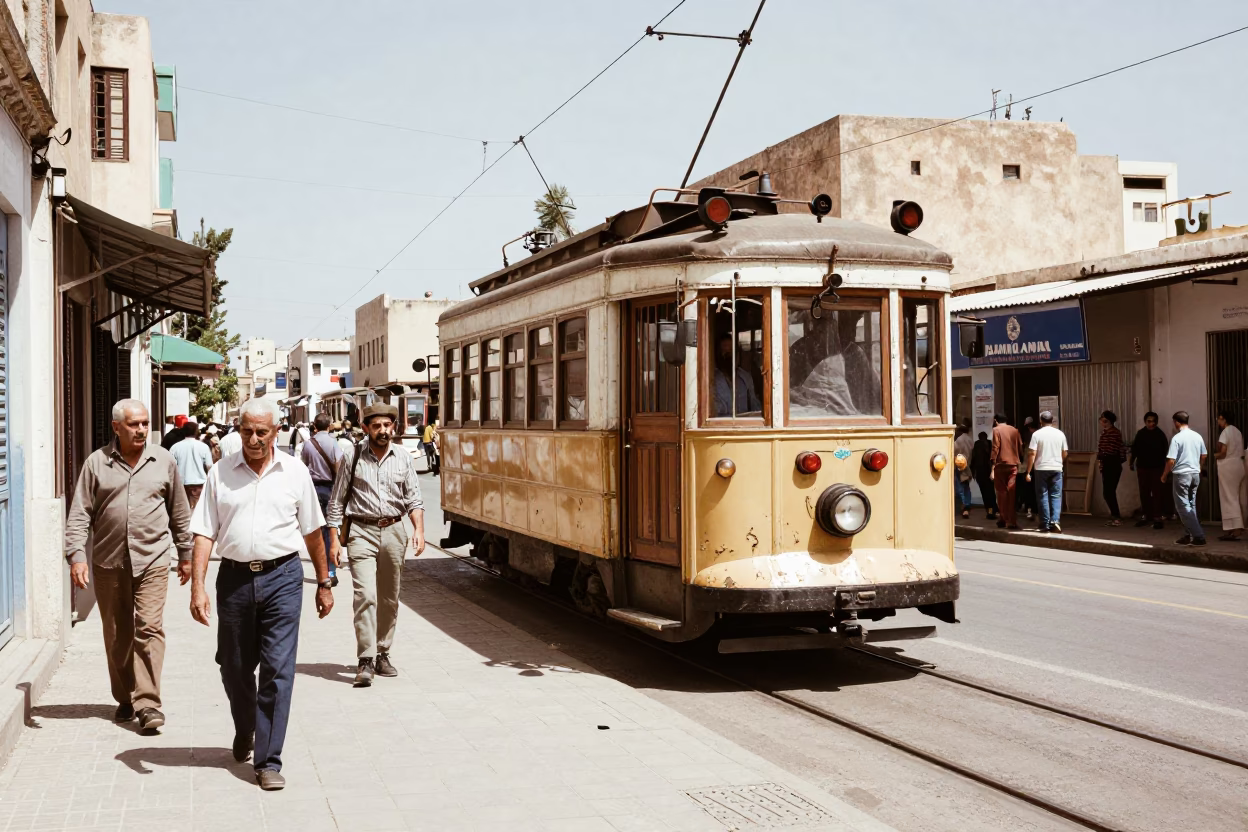 Vintage 1970s Tunisian Street Scene with Heritage Tram and Local Life in in Tunis, Tunisia
