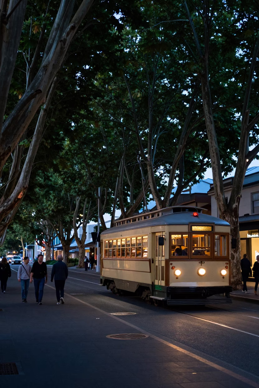 Vintage 1970s Twilight Tramcar on Tree-Lined Boulevard in Christchurch New Zealand in in Christchurch, New Zealand