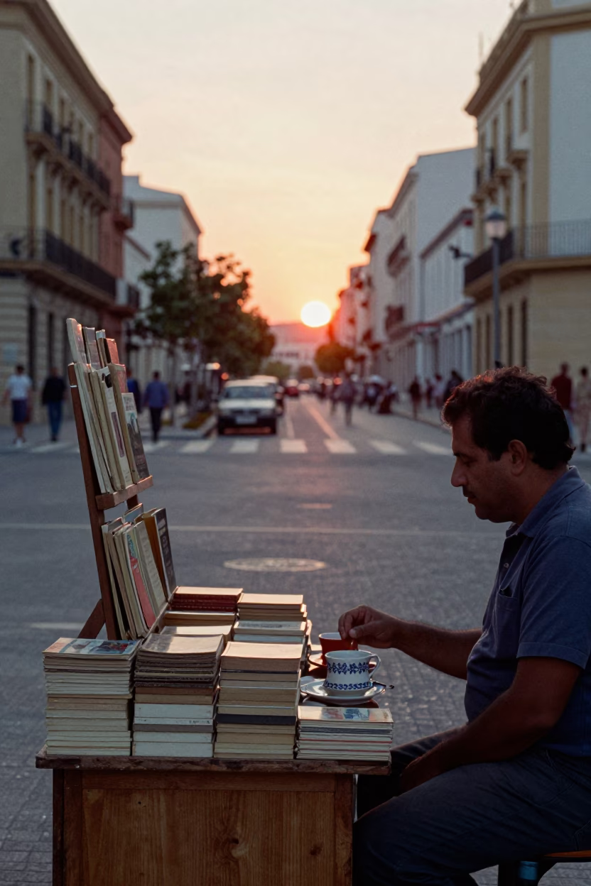 Vintage 1970s Valencia street scene with paperbacks and tea stains at sunset in in Valencia, Spain