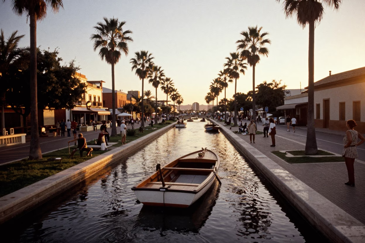 Vintage 1970s Valencia Sunset Street Scene with Punt Boat on Calm River in in Valencia, Spain