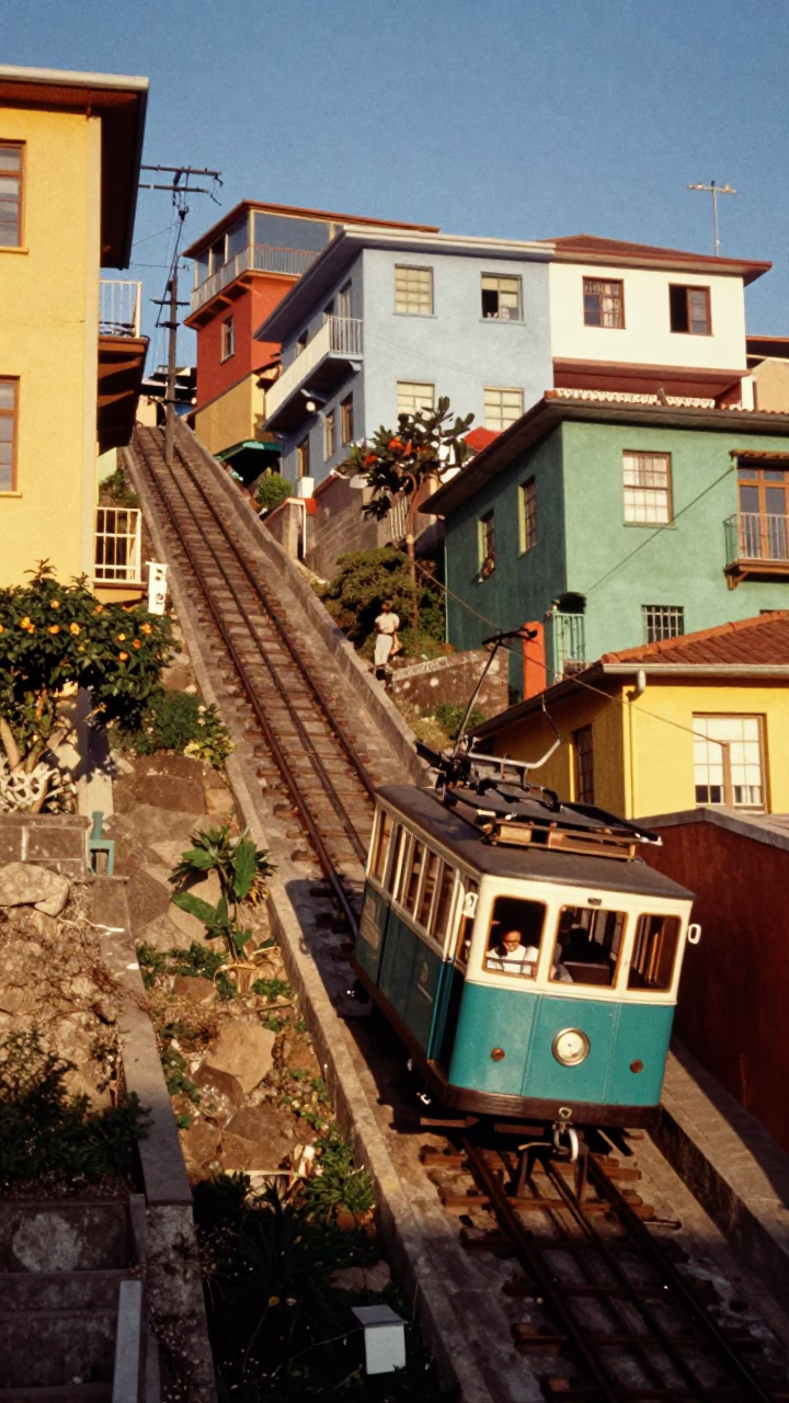 Vintage 1970s Valparaiso Chile Funicular Climbing Steep Hillside with Colorful Houses in in Valparaiso, Chile