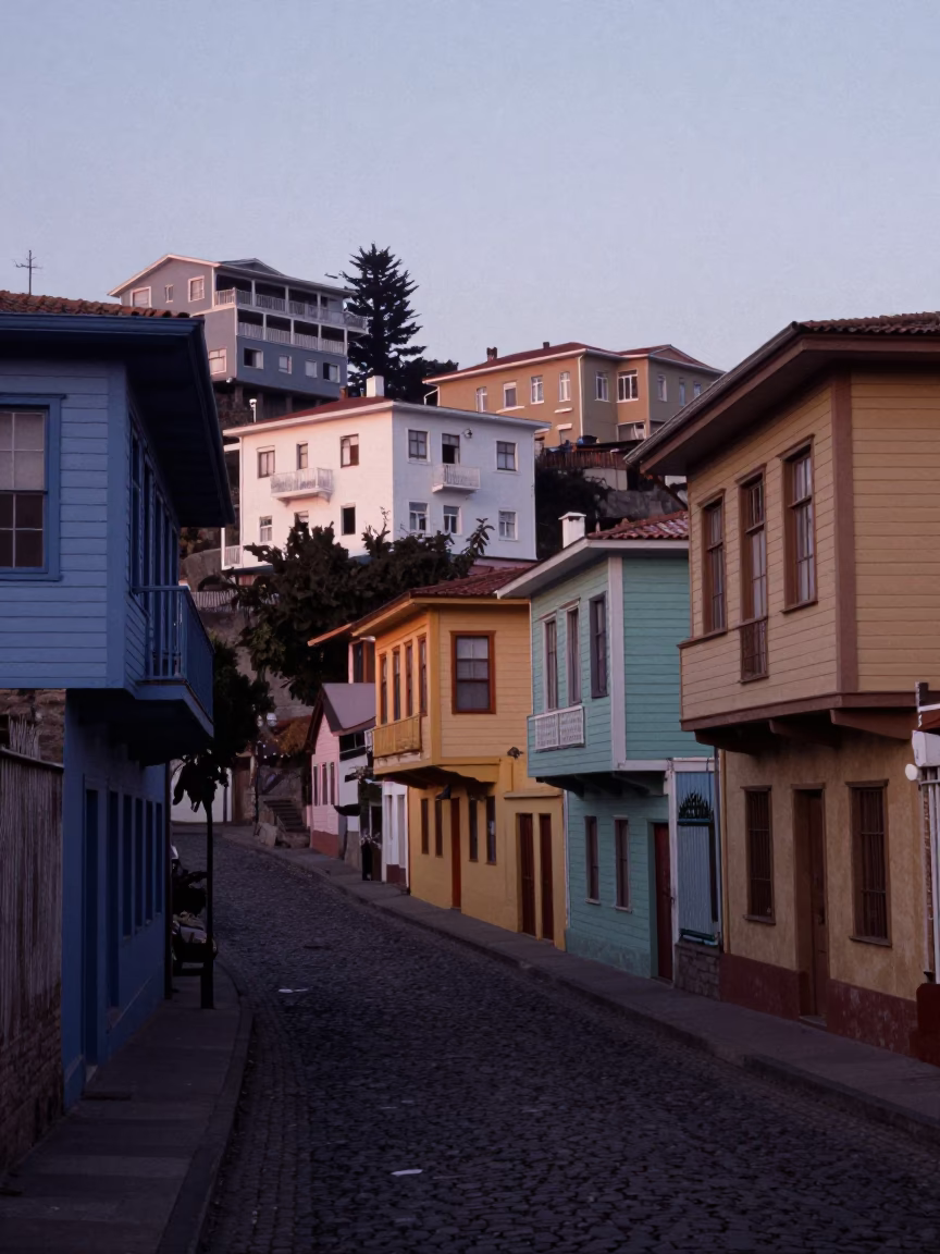 Vintage 1970s Valparaiso Chile Street Scene Before Dawn in in Valparaiso, Chile