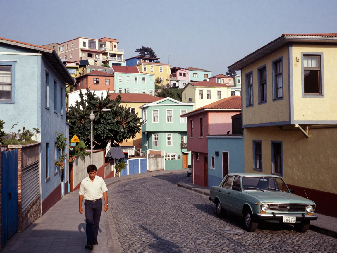 Vintage 1970s Valparaiso Street Scene with Colorful Hillside Houses and Local Life in in Valparaiso, Chile