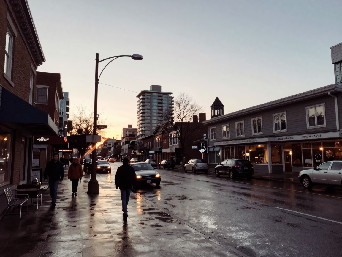 Vintage 1970s Vancouver Street Scene at Dawn with Local Shop Display in in Vancouver, British Columbia, Canada