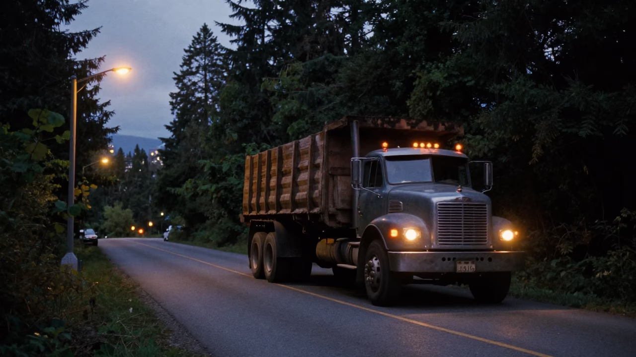 Vintage 1970s Vancouver Street Scene with Logging Truck and City Lights in in Vancouver, British Columbia, Canada