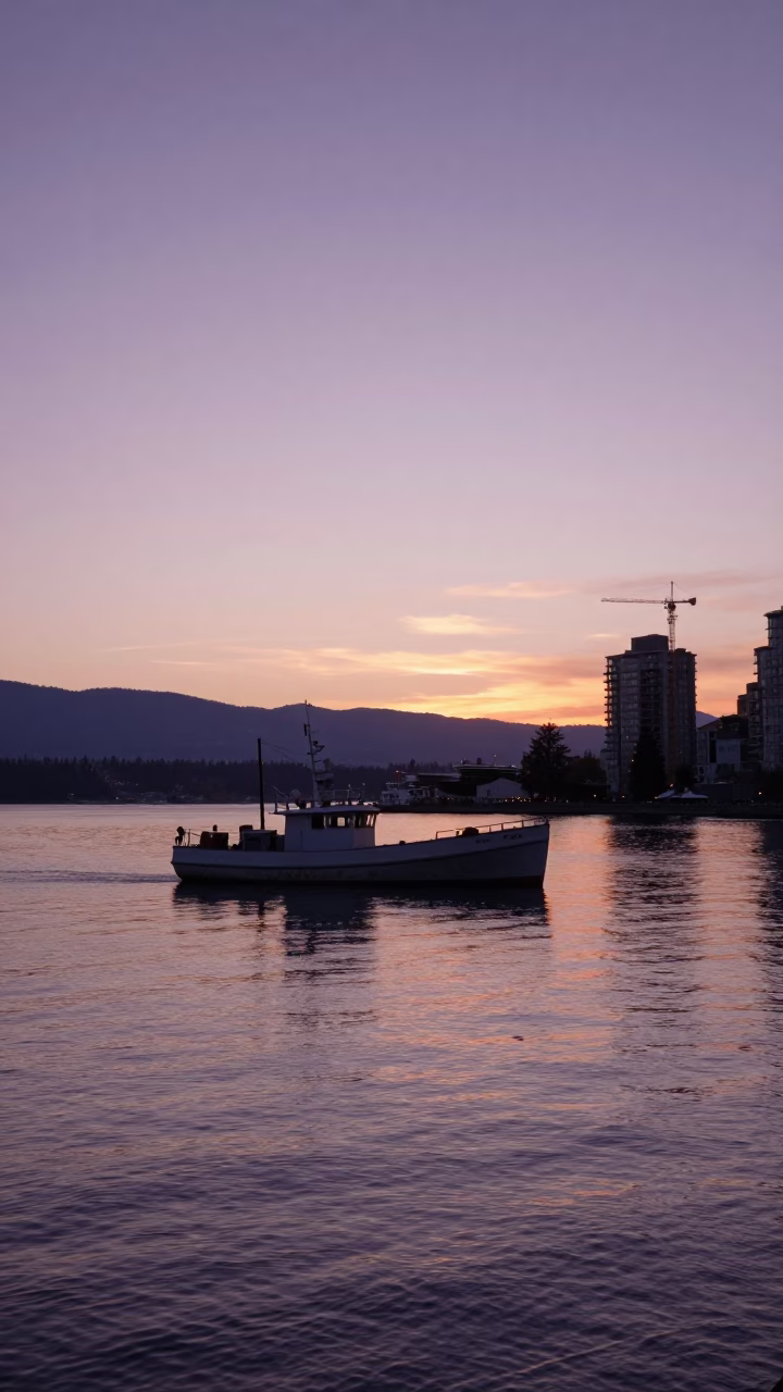 Vintage 1970s Vancouver Sunset Scene with Junk Boat and Brass Frame in in Vancouver, British Columbia, Canada