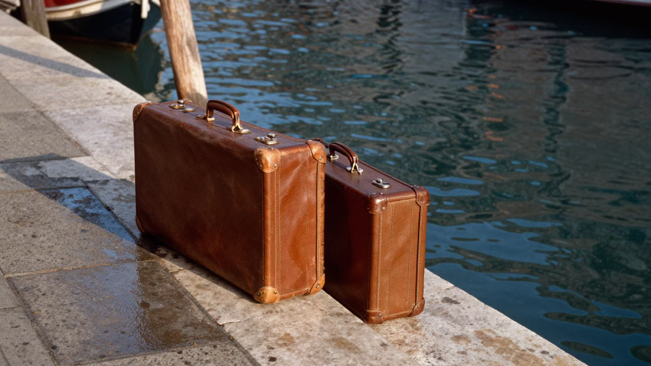 Vintage 1970s Venice Canal Scene with Suitcases and Waterfront Architecture in in Venice, Italy