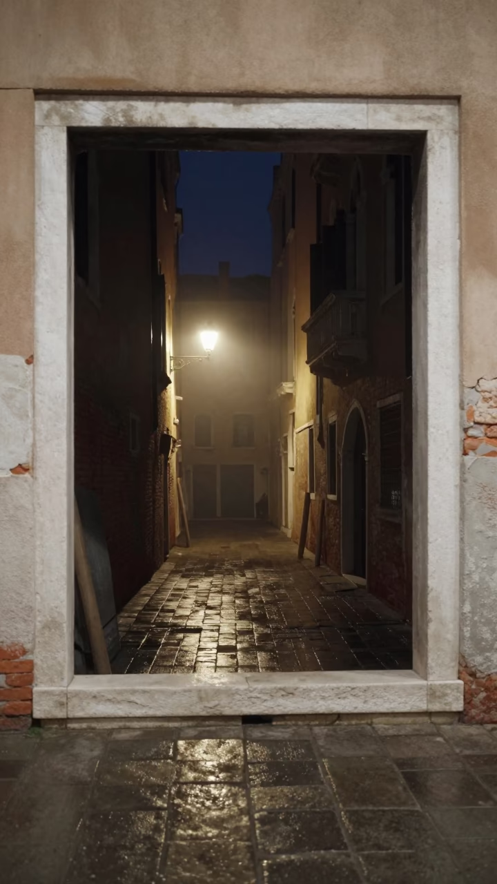 Vintage 1970s Venice Night Canal Scene with Fogged Window and Local Life in in Venice, Italy