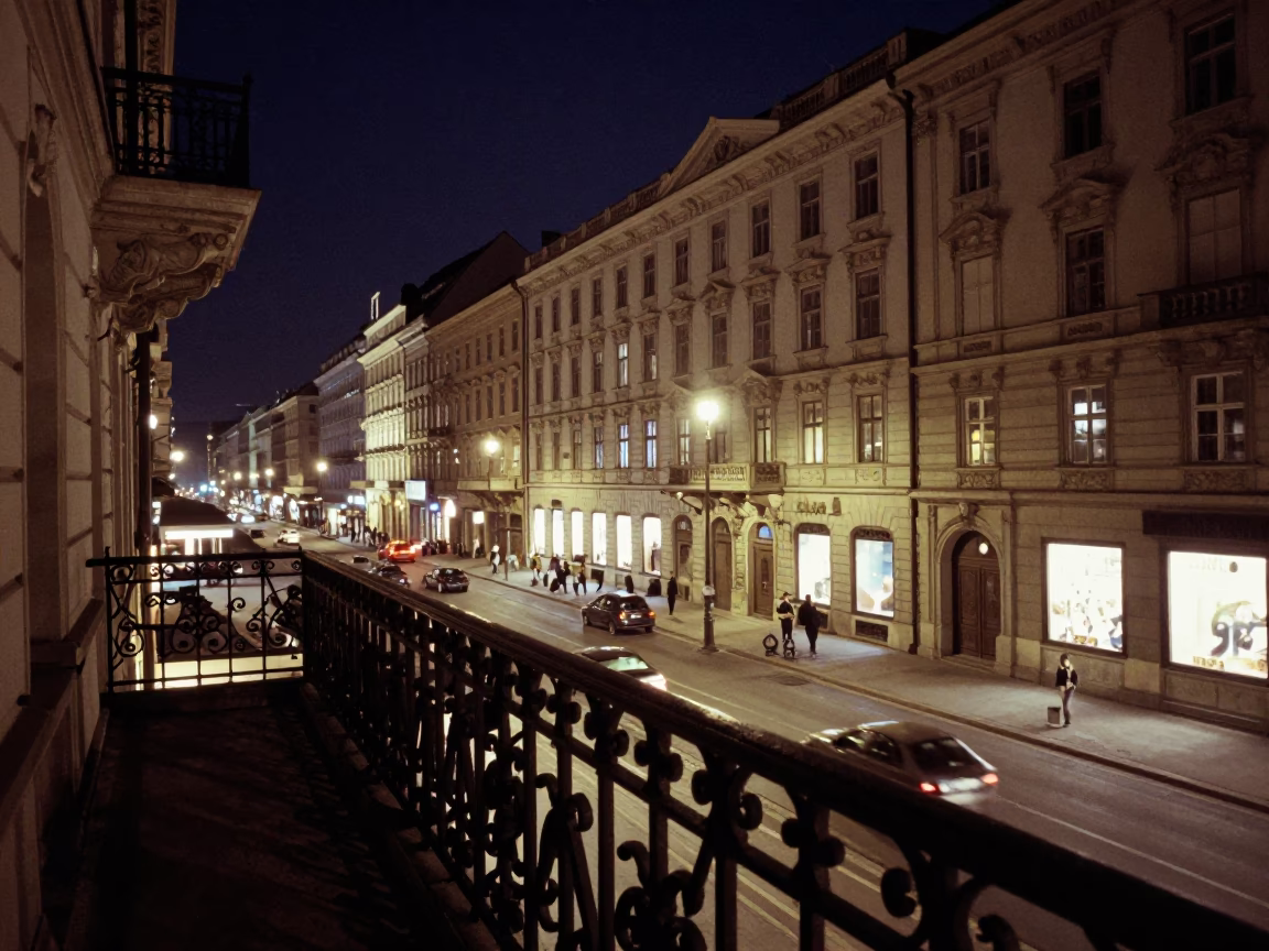 Vintage 1970s Vienna Night Street Scene with Historic Architecture and Urban Activity in in Vienna, Austria