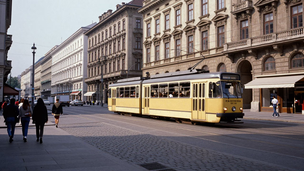 Vintage 1970s Vienna Street Scene with Classic Tram and Bicycles in in Vienna, Austria