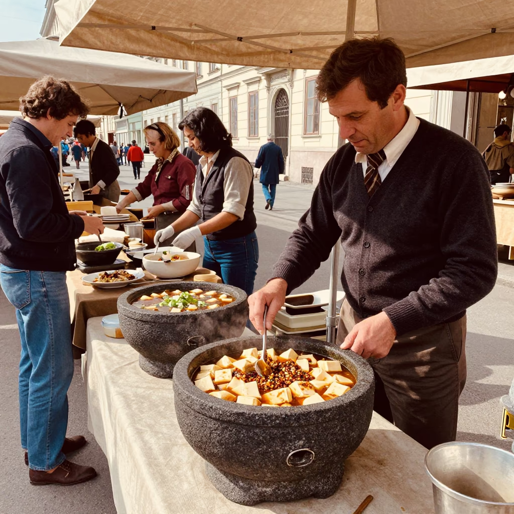 Vintage 1970s Vienna Street Scene with Stone Pot of Mapo Tofu and Harmonica Player in in Vienna, Austria