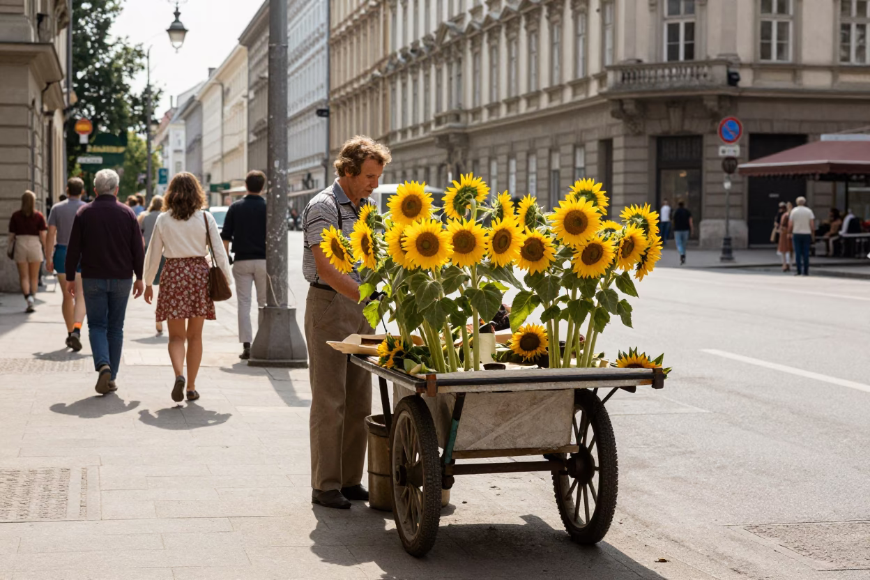 Vintage 1970s Vienna Street Scene with Sunflowers and Traditional Café Culture in in Vienna, Austria