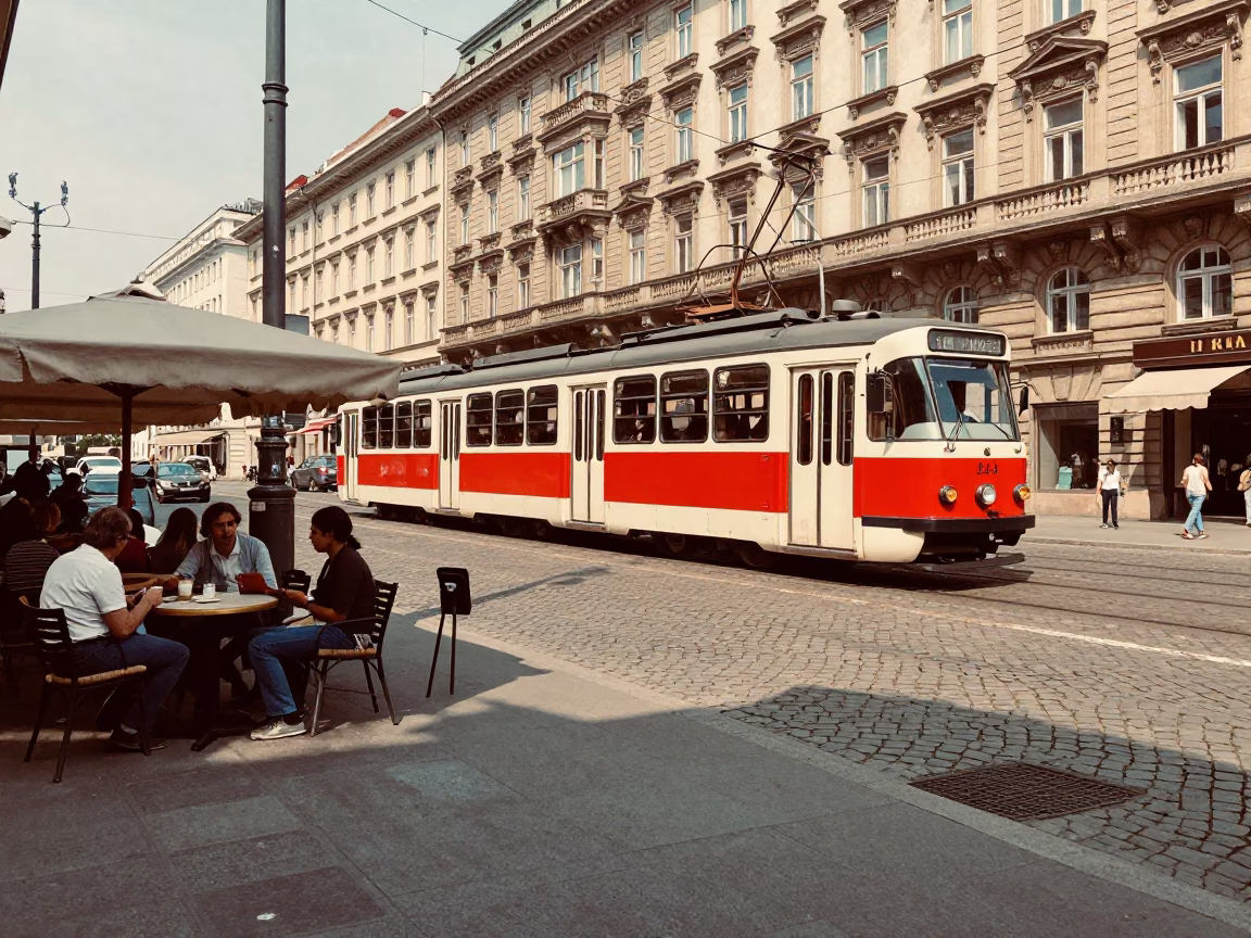 Vintage 1970s Vienna Street Scene with Tram and Cobblestone Architecture in in Vienna, Austria