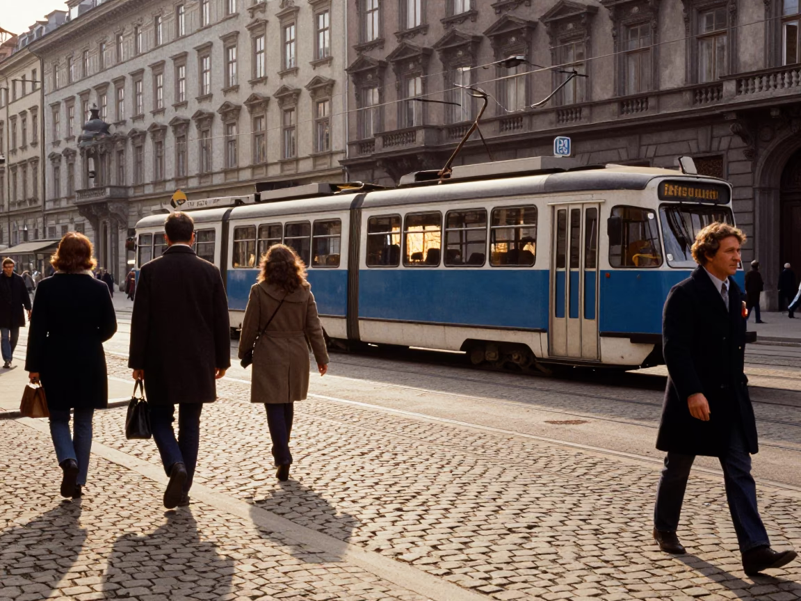 Vintage 1970s Vienna Street Scene with Tram and Cobblestones in in Vienna, Austria