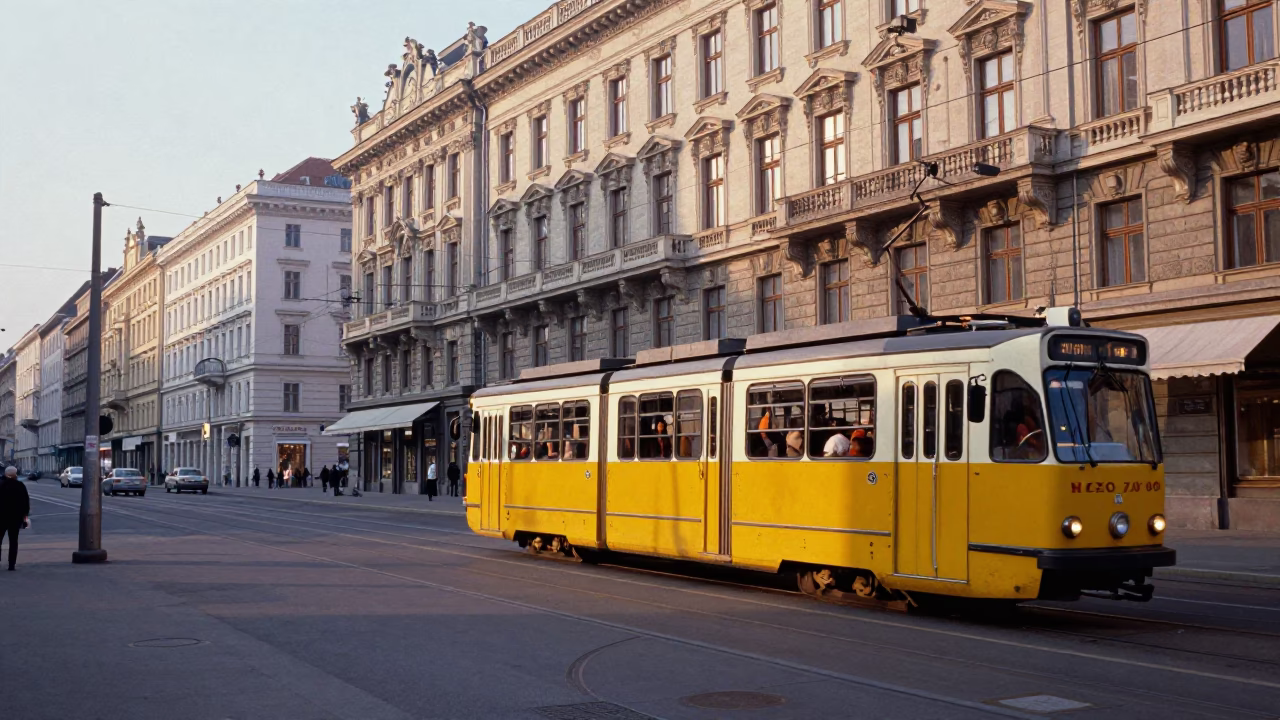 Vintage 1970s Vienna Street Scene with Yellow Tram and Morning Light in in Vienna, Austria