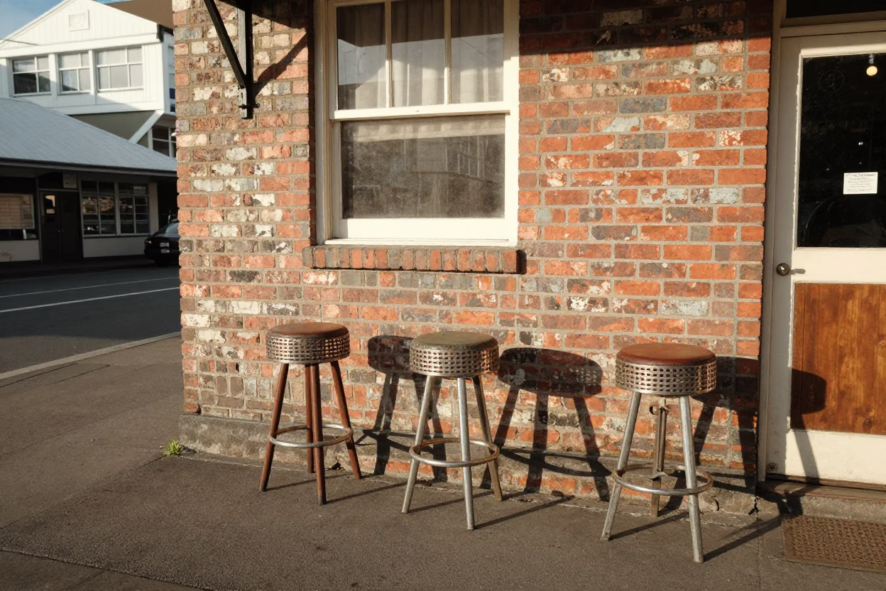 Vintage 1970s Wellington New Zealand Street Scene with Bar Stools and Local Atmosphere in in Wellington, New Zealand
