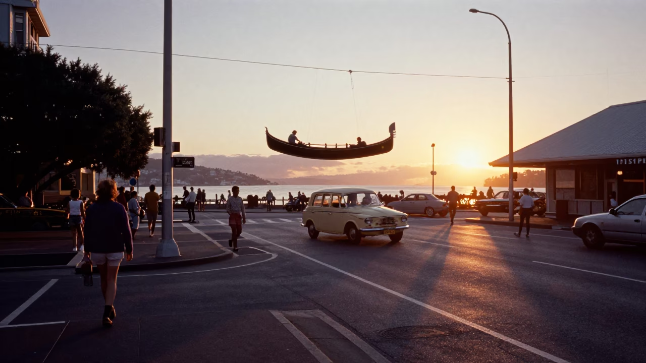 Vintage 1970s Wellington Street Scene with Gondola and Iron Details at Sunset in in Wellington, New Zealand