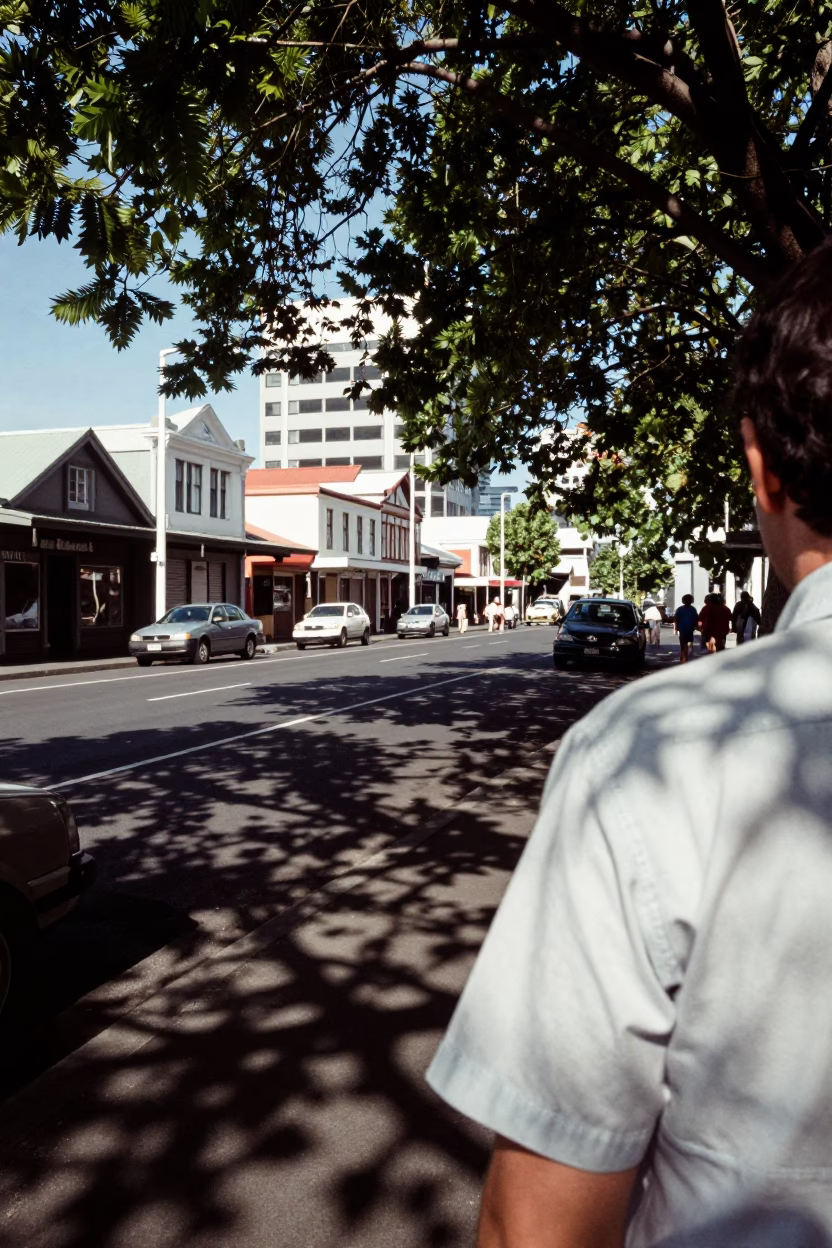 Vintage 1970s Wellington Street Scene with Leaf Shadows and Iron Hardware in in Wellington, New Zealand