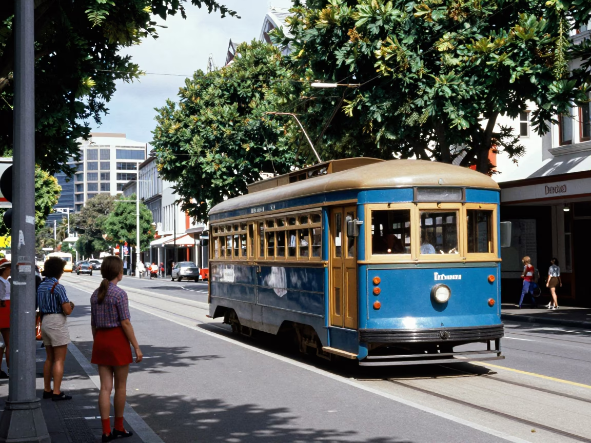 Vintage 1970s Wellington Street Scene with Tram and Pedestrians in Midday Sun in in Wellington, New Zealand