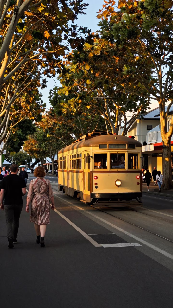 Vintage 1970s Wellington Tram on Tree Lined Boulevard in Honeyed Evening Light in in Wellington, New Zealand