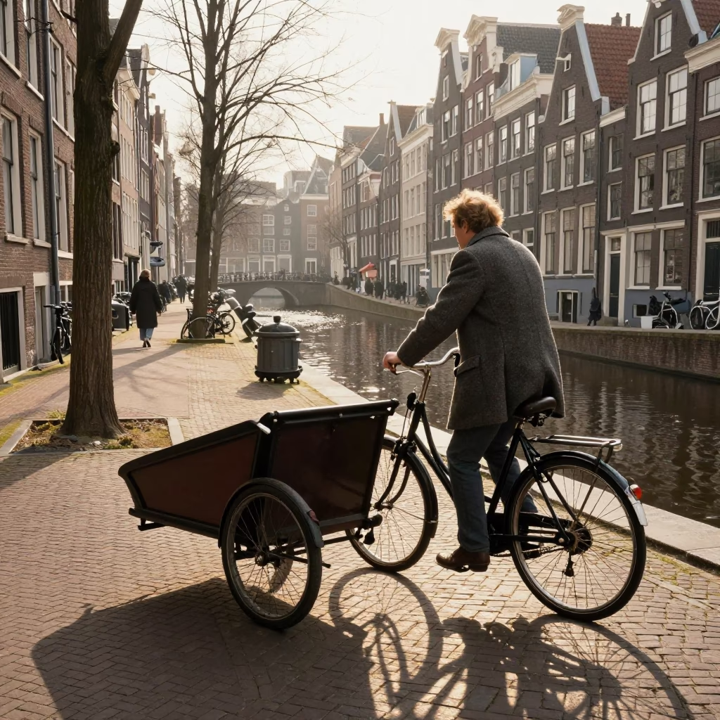 Vintage 1980s Amsterdam Street Scene with Cargo Bicycle and Flowers at Dawn in in Amsterdam, Netherlands