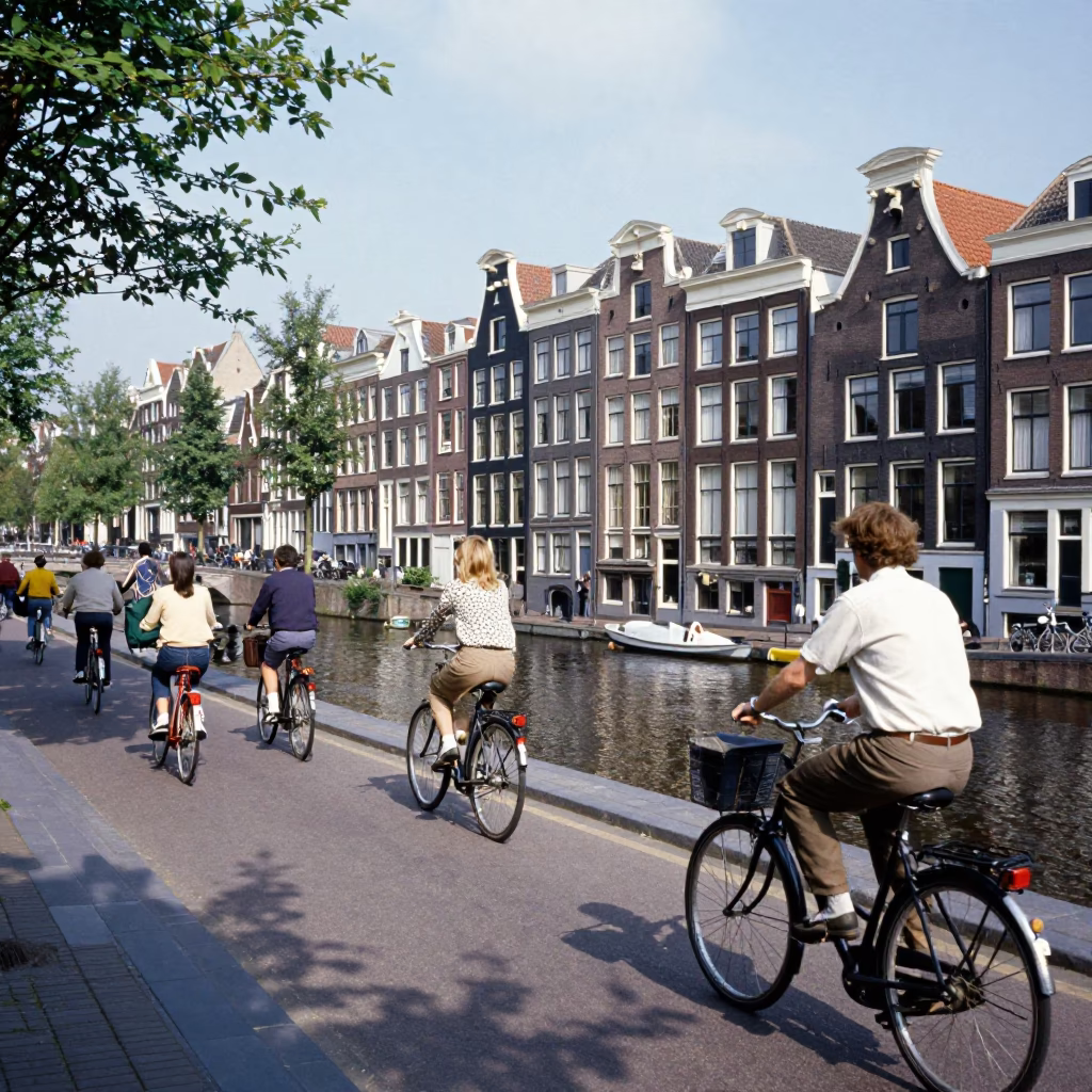 Vintage 1980s Amsterdam Street Scene with Cyclists and Canal Houses in in Amsterdam, Netherlands