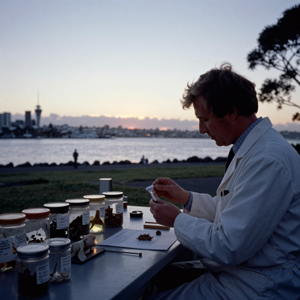 Vintage 1980s Auckland Dawn Scene with Scientist and Specimen Jars at Coastal Field Station in in Auckland, New Zealand