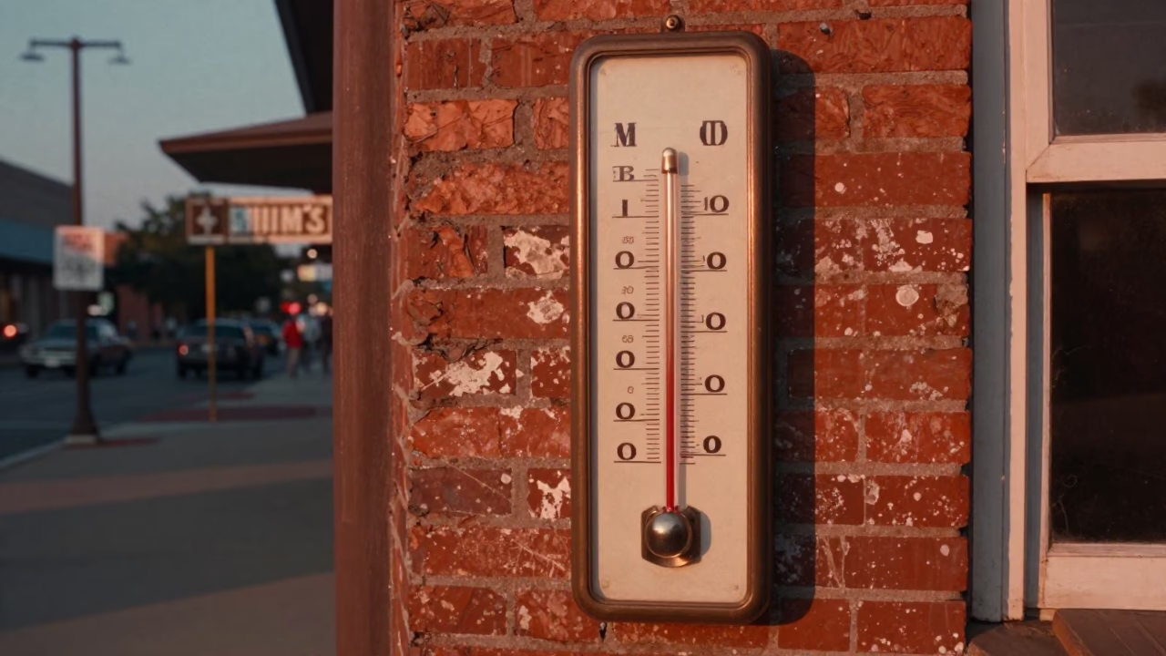 Vintage 1980s Austin Texas Dusk Street Scene with Thermometer and Local Atmosphere in in Austin, Texas, United States