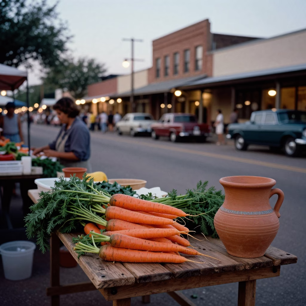 Vintage 1980s Austin Texas Evening Street Scene with Local Market Produce and Terracotta in in Austin, Texas, United States