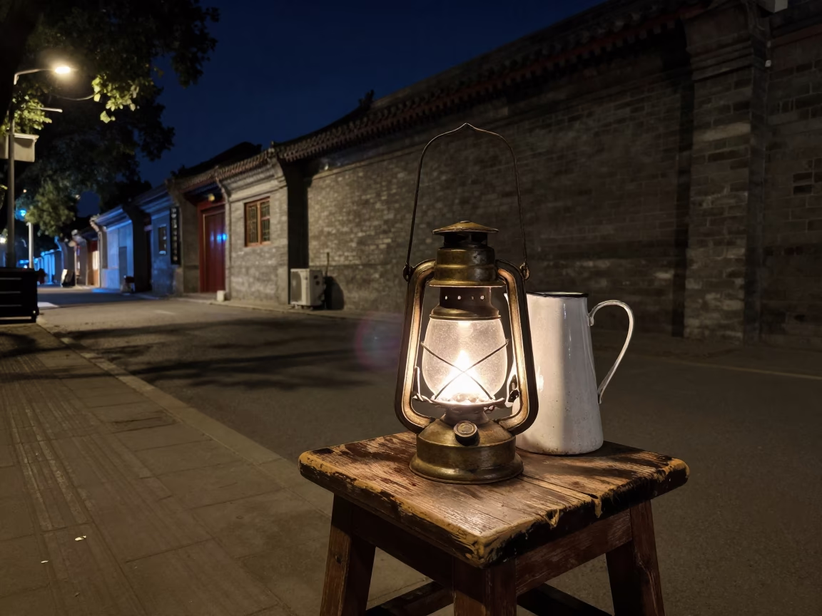 Vintage 1980s Beijing Night Scene with Enamel Pitcher and Oil Lamp in in Beijing, China