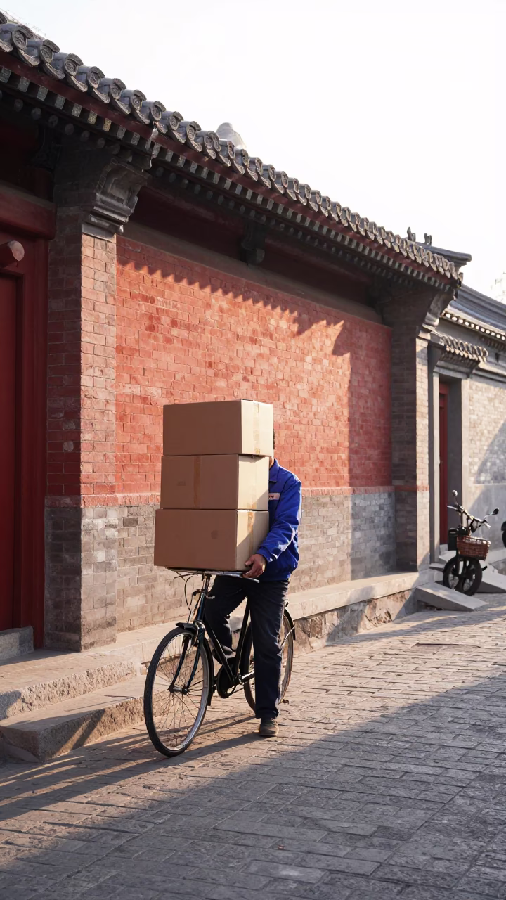 Vintage 1980s Beijing Street Scene Morning Light with Bicycle Courier and Enamel Pitcher in in Beijing, China