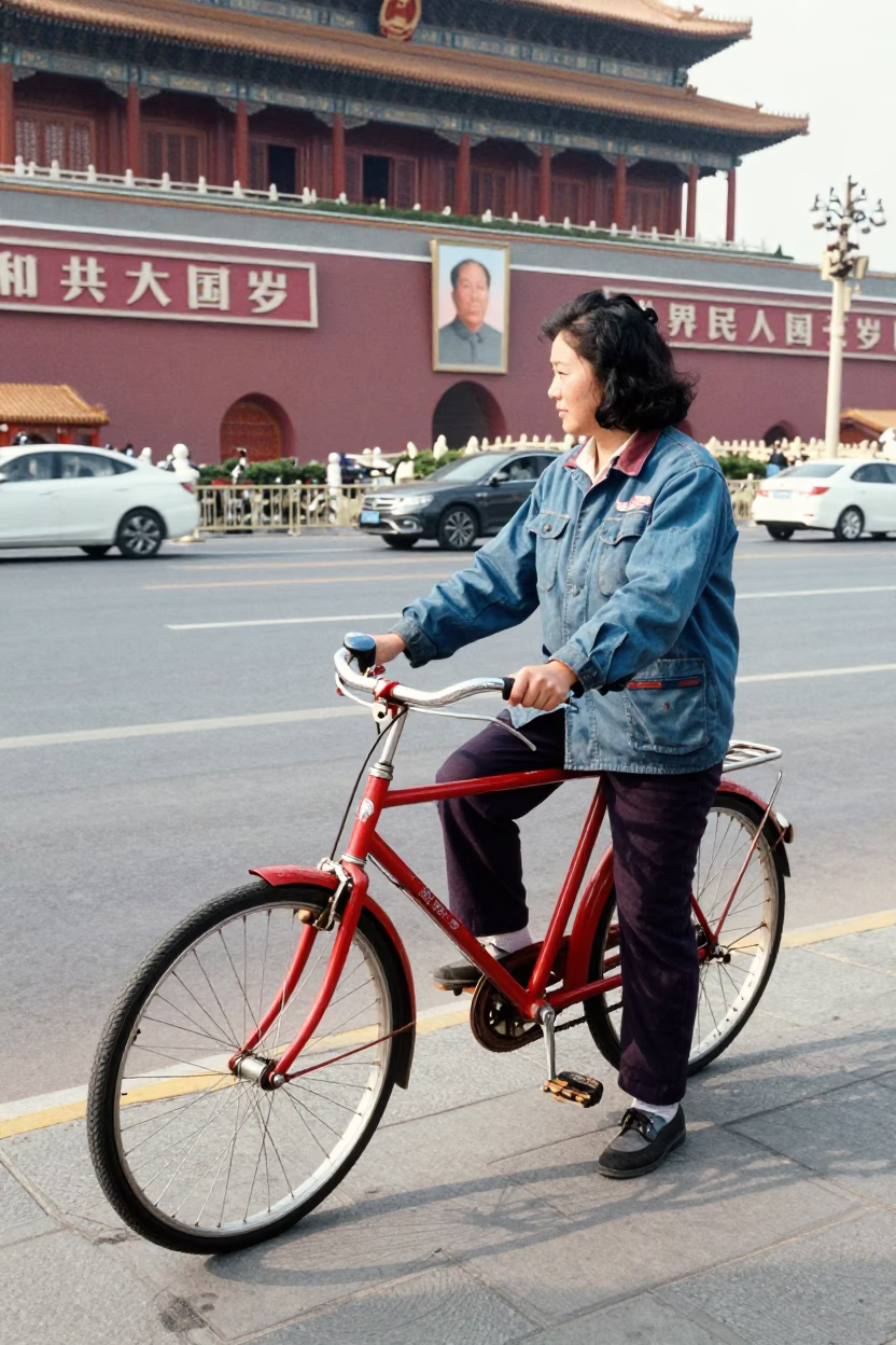 Vintage 1980s Beijing Street Scene with Red Bicycle and Local Commerce in in Beijing, China