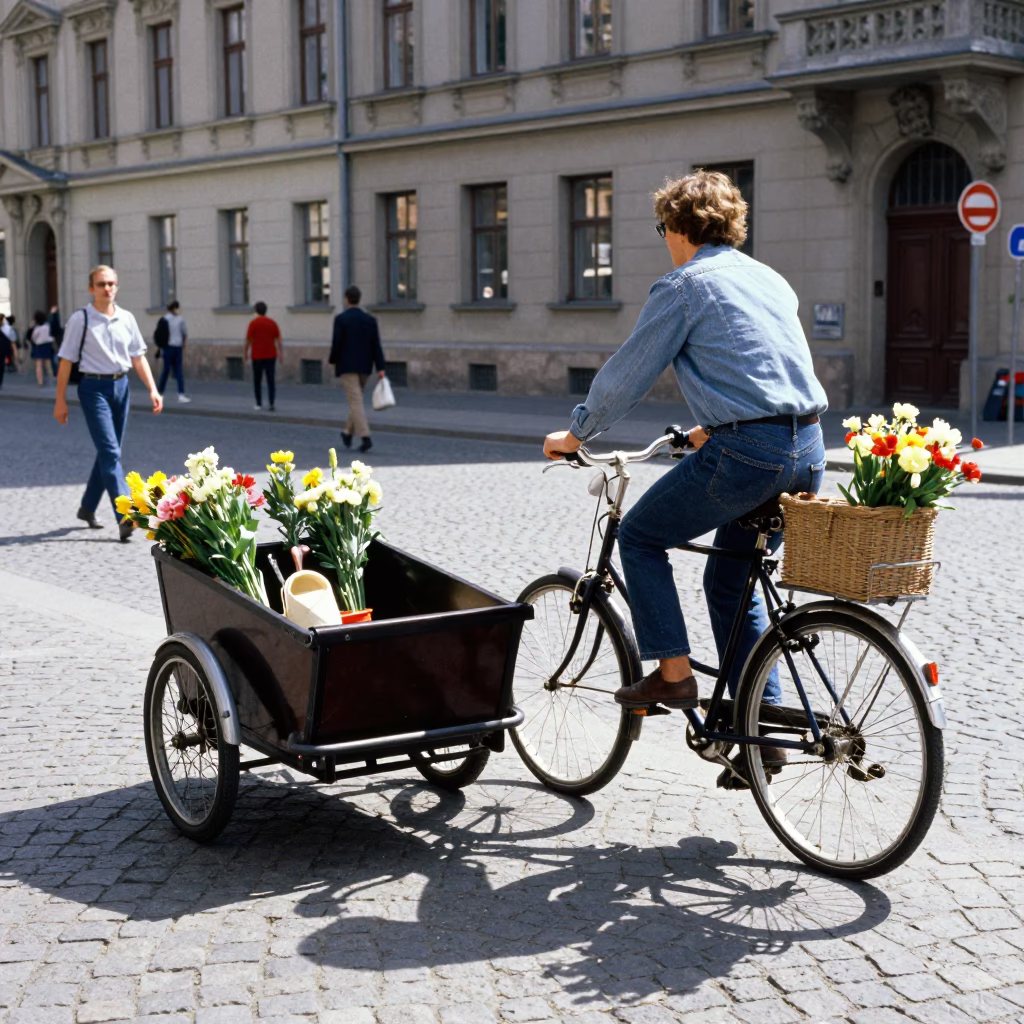 Vintage 1980s Berlin Street Scene with Cargo Bicycle and Gardenia Bush in Morning Light in in Berlin, Germany