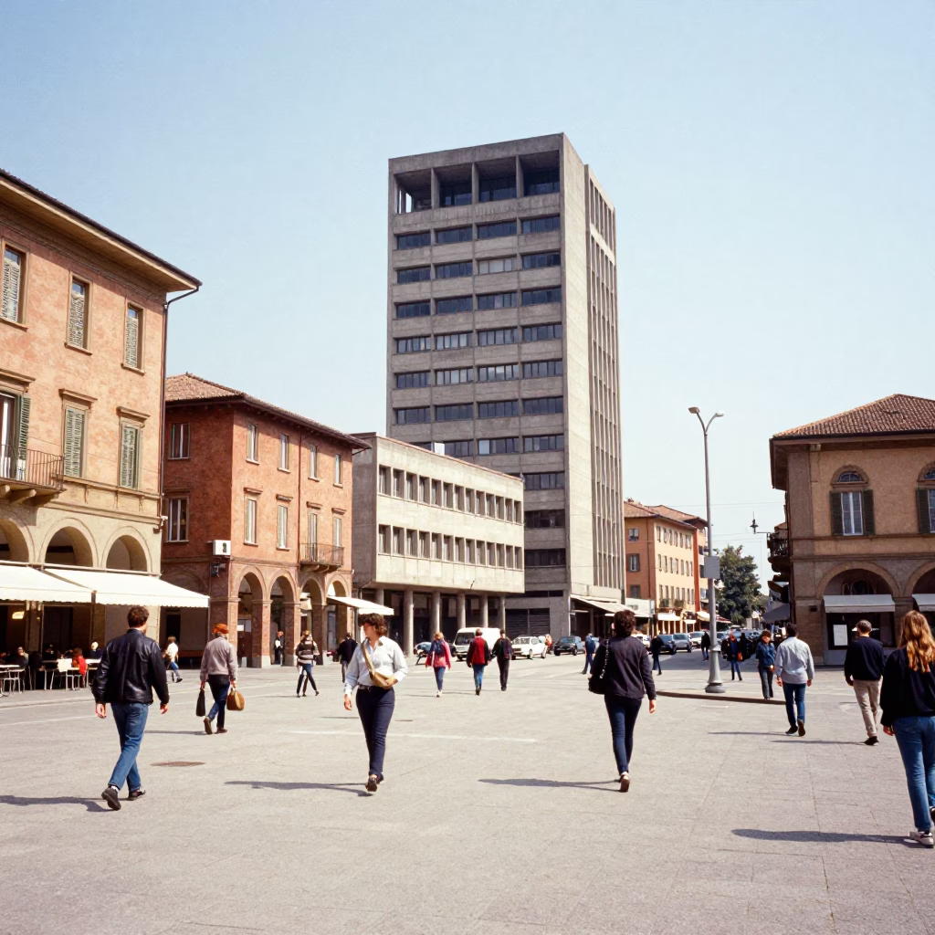 Vintage 1980s Bologna street scene with brutalist concrete university tower under flat noon glare in in Bologna, Italy