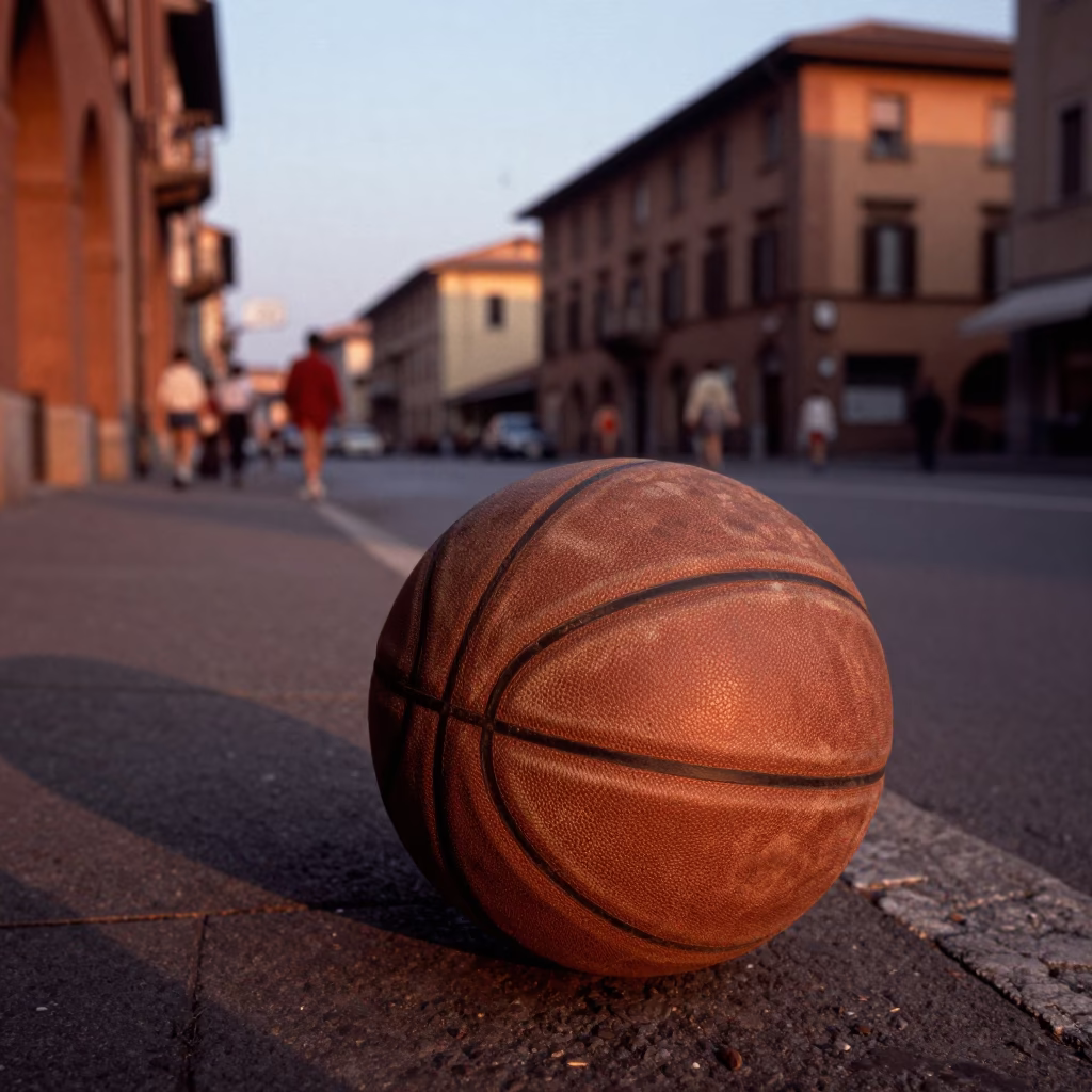 Vintage 1980s Bologna Street Scene with Old Leather Basketball and Sunlight in in Bologna, Italy