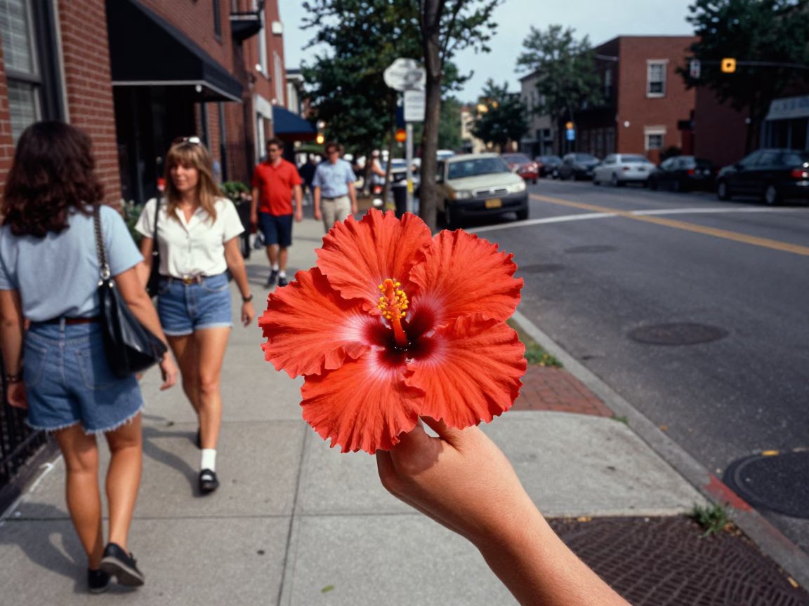 Vintage 1980s Boston Street Scene with Hibiscus Flower and Metro Train in in Boston, Massachusetts, United States