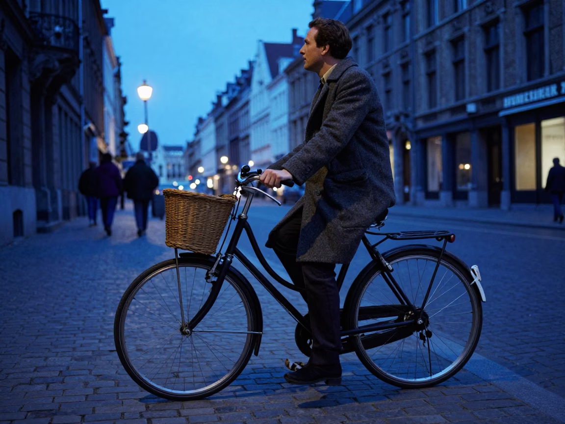 Vintage 1980s Brussels Street Scene Evening Blue Hour Bicycle Basket in in Brussels, Belgium