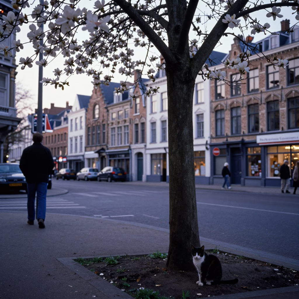 Vintage 1980s Brussels Street Scene with Dogwood Tree and American Shorthair Cat in in Brussels, Belgium