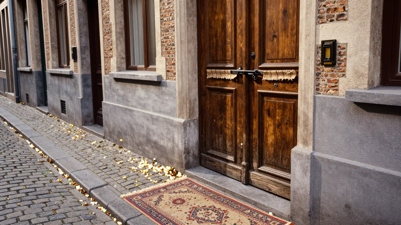Vintage 1980s Brussels street scene with fallen petals and linen details in in Brussels, Belgium
