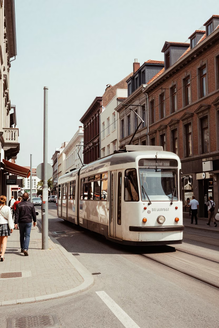 Vintage 1980s Brussels Street Scene with Tram on Steep Hill and Pedestrians in in Brussels, Belgium