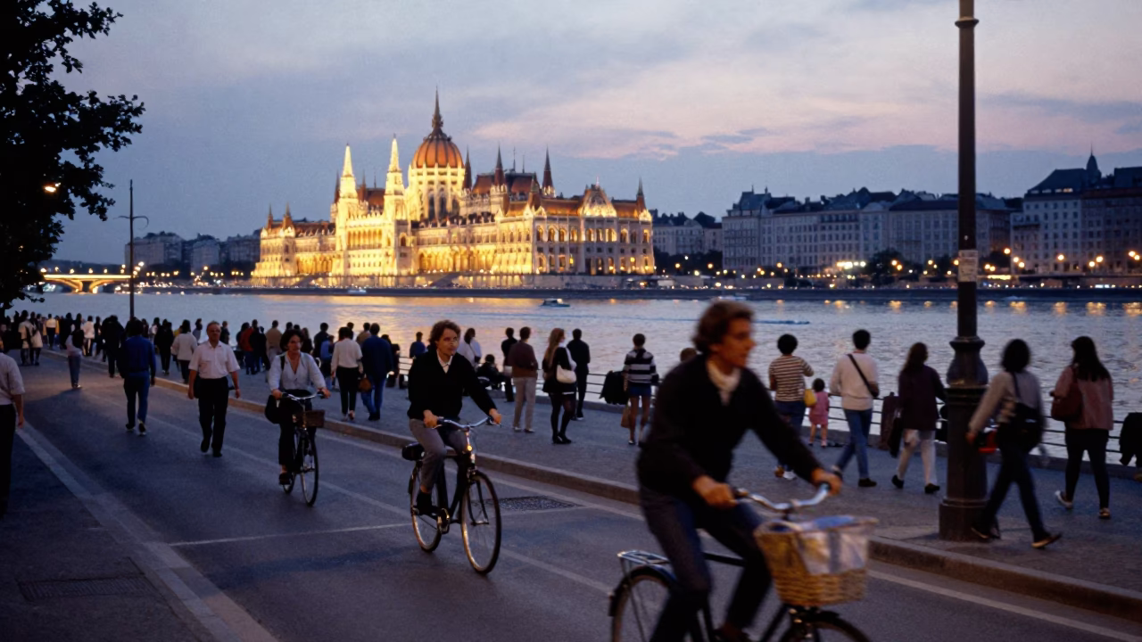 Vintage 1980s Budapest Street Scene with Cyclist and City Lights in in Budapest, Hungary
