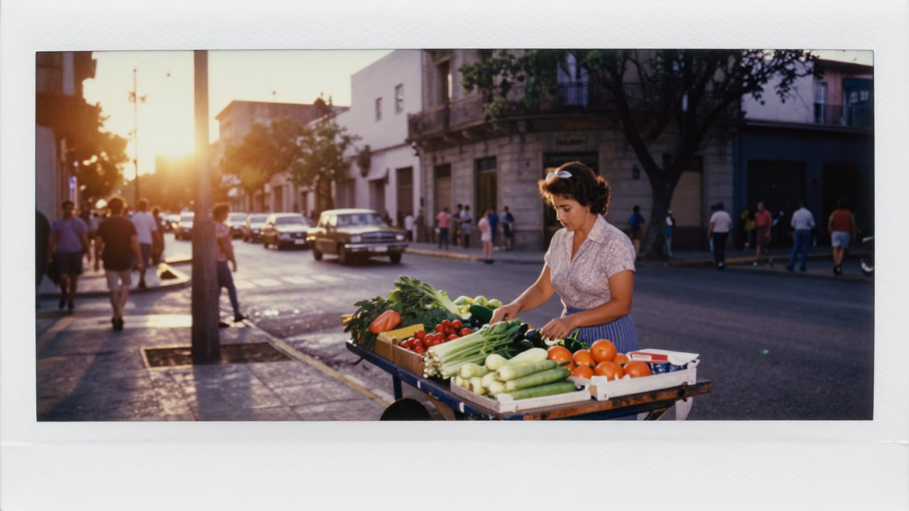 Vintage 1980s Buenos Aires Sunset Street Scene with Local Vendor in in Buenos Aires, Argentina