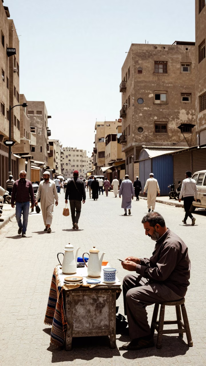 Vintage 1980s Cairo Street Scene with Enamel Pitcher and Local Commerce in in Cairo, Egypt