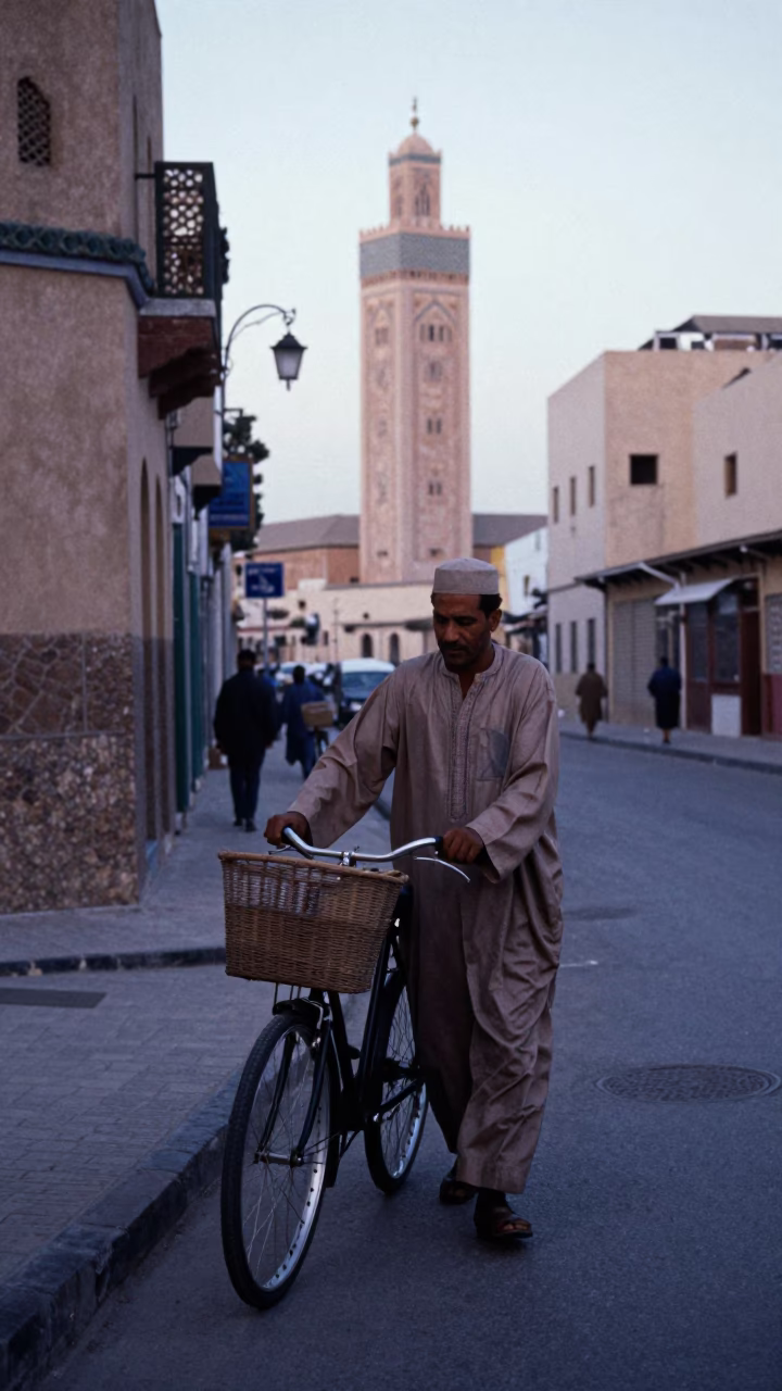 Vintage 1980s Casablanca Morning Street Scene with Bicycle Basket and Tea Stains in in Casablanca, Morocco